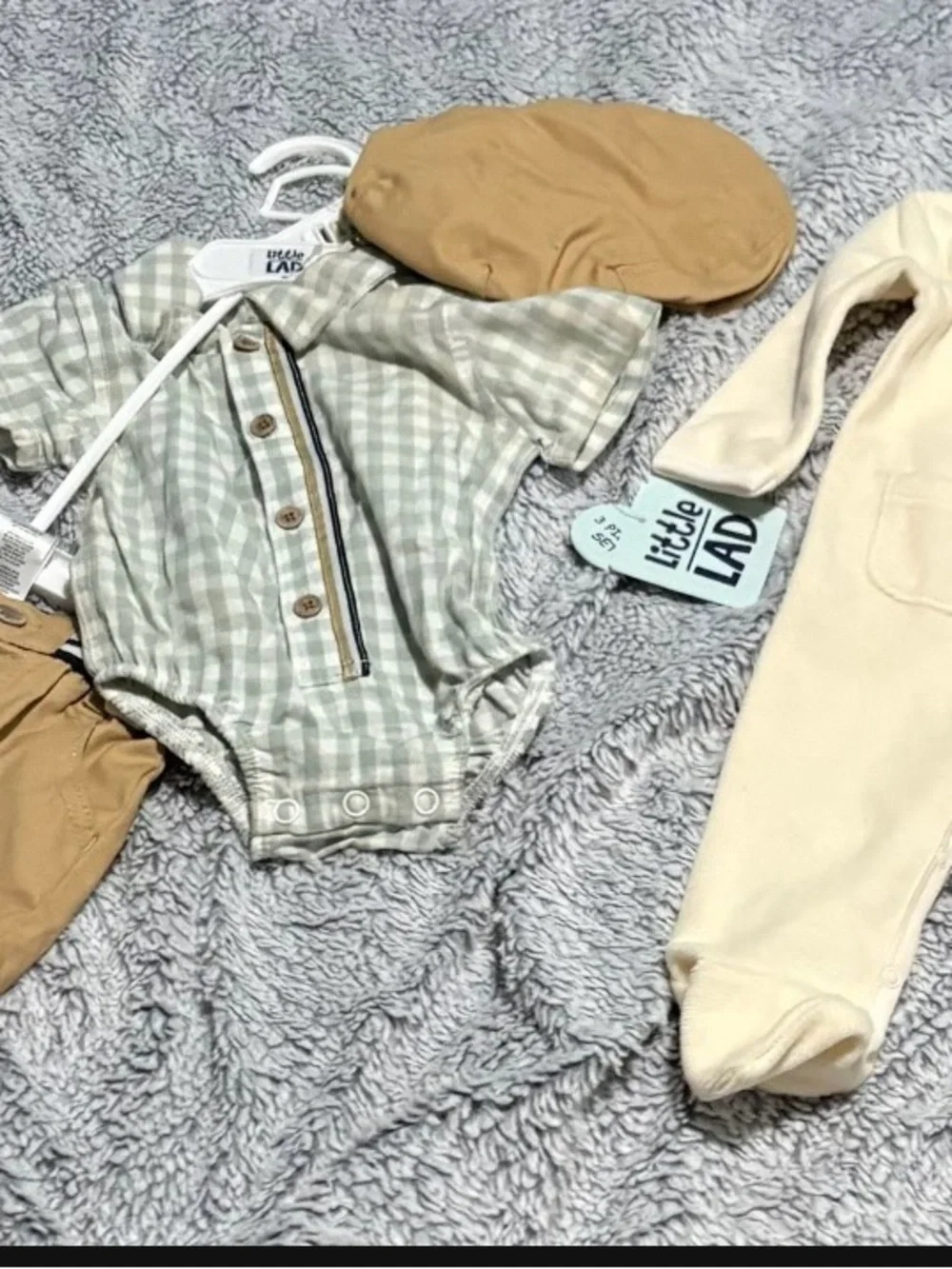 Little Lad Green Gingham Button Baby Romper with Tan Shorts & Cap 0-3 M